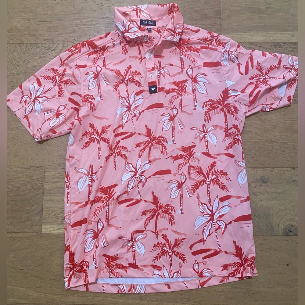Bad Birdie Ricky Rose Pink and Red Tropical Print golf polo size M EUC